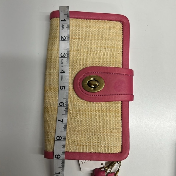 Coach Park Straw Clutch Handbag Small Purse Leather Metal Gold Tan Pink New NWT - Picture 12 of 13
